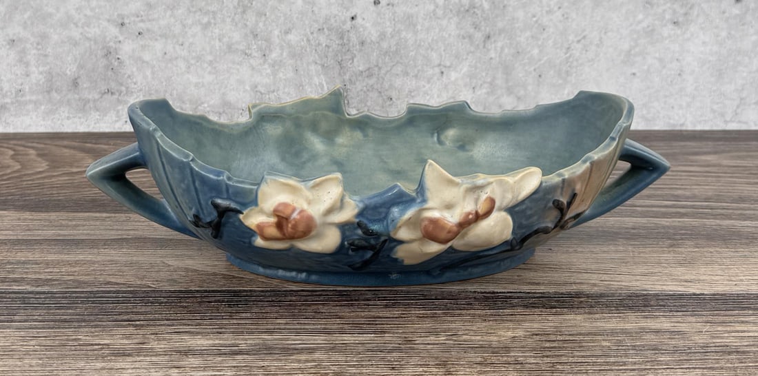 Roseville Pottery Magnolia Console Bowl 449-10: 11 1/4" long, 3 1/2" tall.
