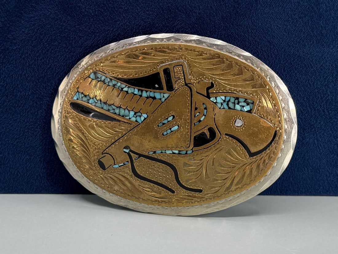 Wil-Aren Original Cowboy Inlaid Belt Buckle: Gunfighter pattern. 4" long.