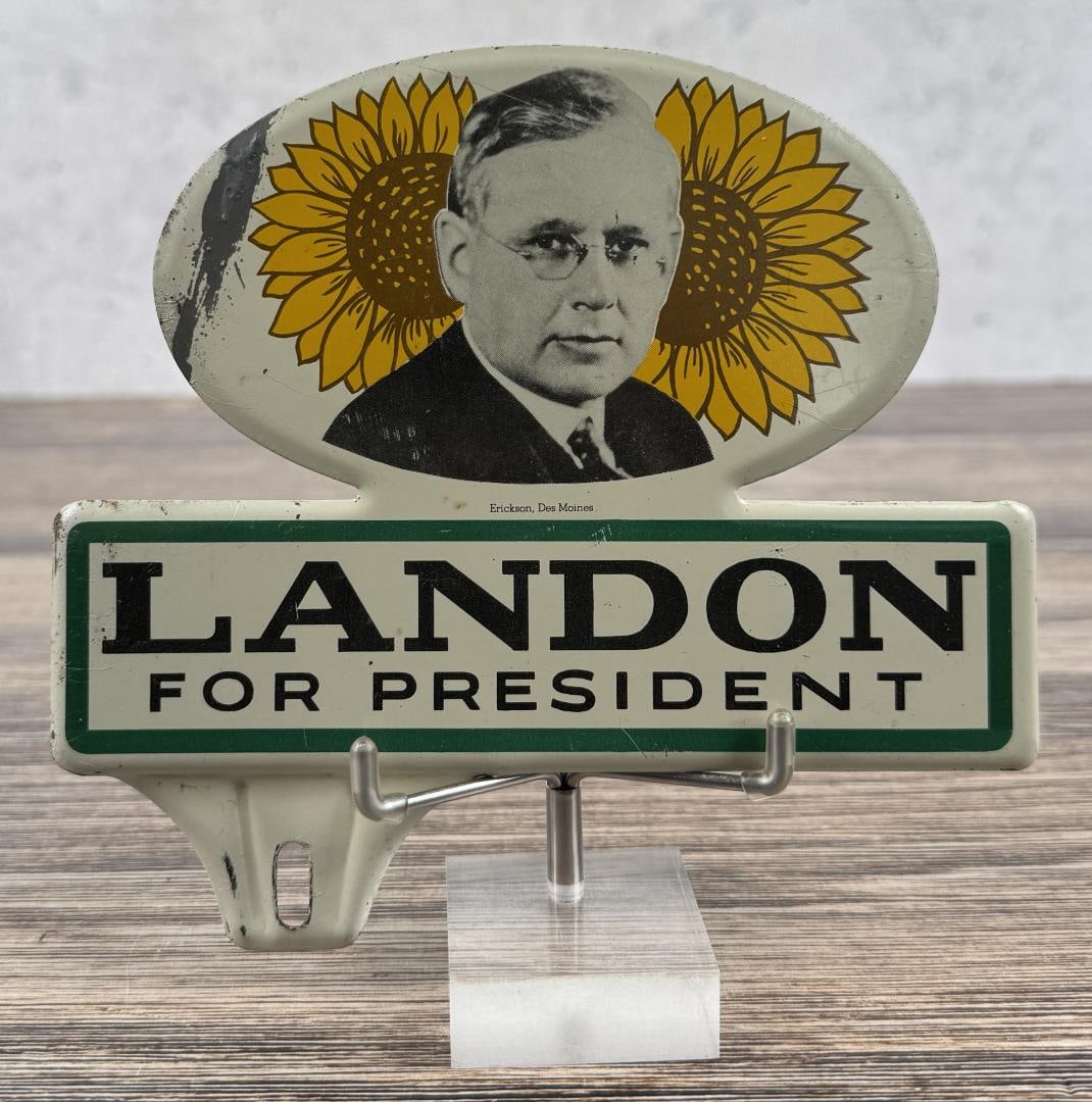 1936 Alf Landon for President License Plate Topper: Nice original topper. Found by previous owner behind a wall during renovation work.