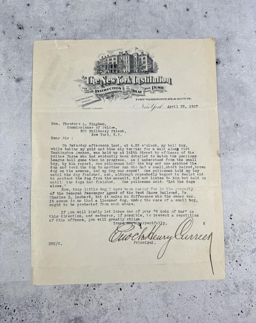 1907 Report of New York City Police Dog Rape: Unusual letter, it reports to the Chief of Police that a citizens dog was raped by a police officers dog outside of New York Giants Stadium April 15 1907. Letter was written by Enoch Henry Currier Pri