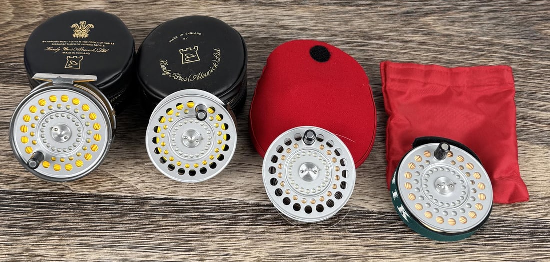 Hardy Brothers St. Aidan Fly Fishing Reel: Lot includes three extra spools and four reel covers.