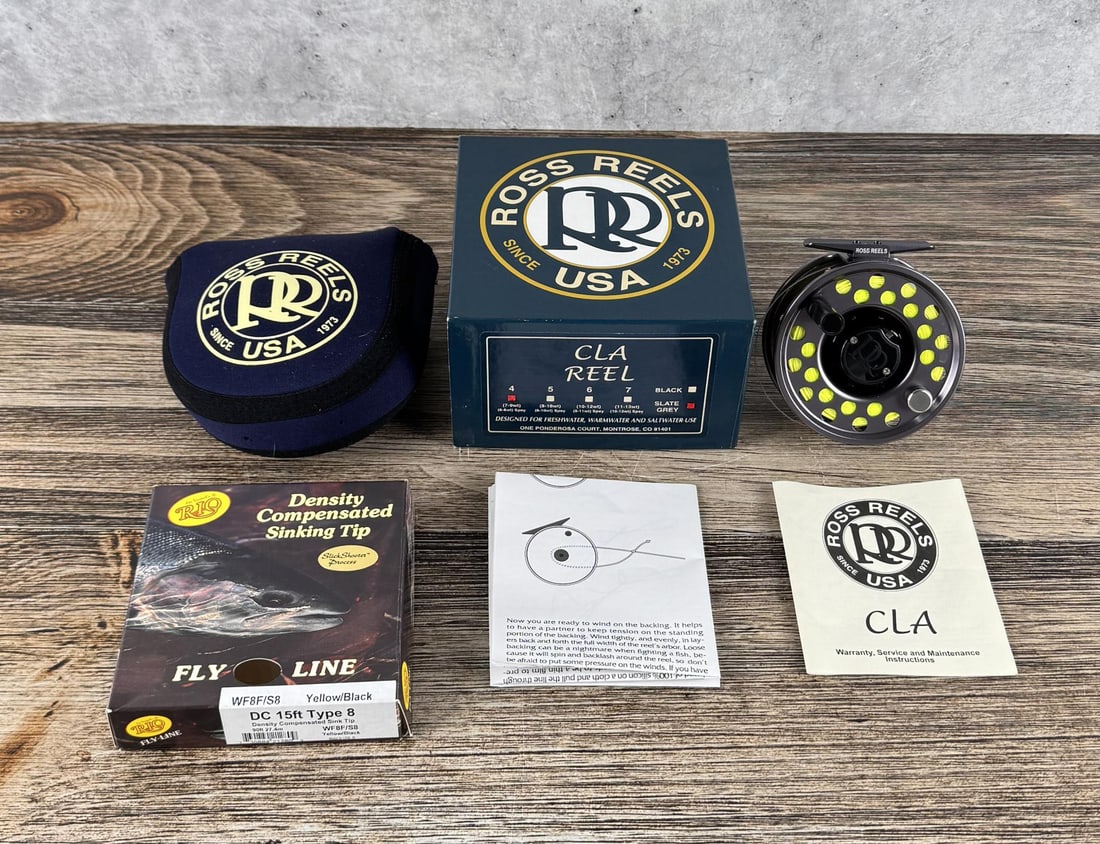 Ross Reels CLA 4 Fly Fishing Reel: Lot includes reel cover, original box 7 instructions, and a box of line.