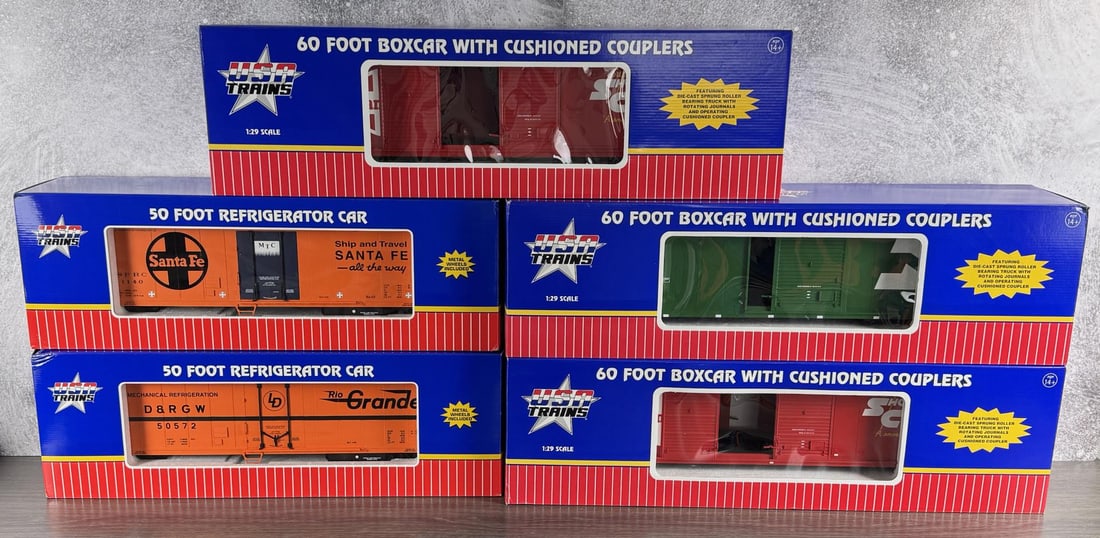 USA Trains G Scale Train Railroad Boxcars: Five total. Three 60' boxcars and two 50' refrigerator cars.