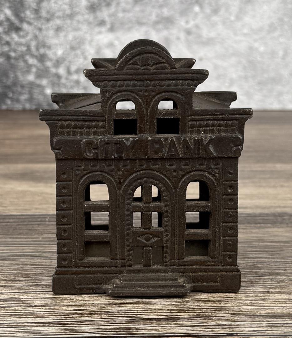 John Harper City Bank Cast Iron Bank: Still Bank measures 4" by 3 1/4" by 2 1/4"