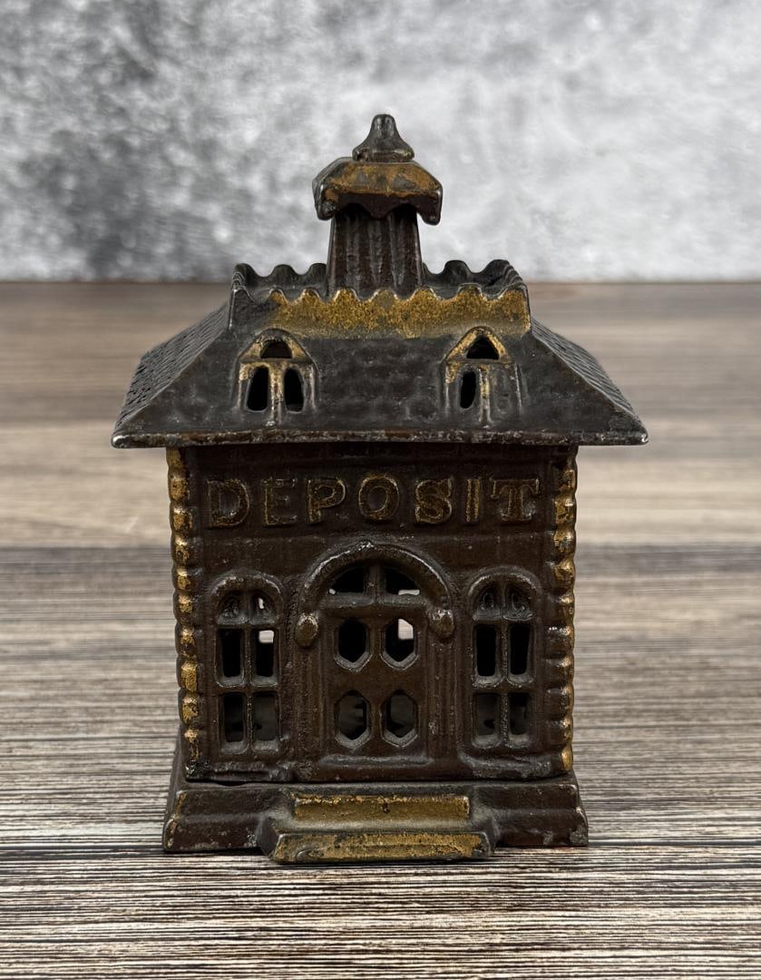 Kenton Deposit Bank Building Cast Iron Still Bank: Bank has original paint and measures 4 1/8" by 3" by 2 3/8"
