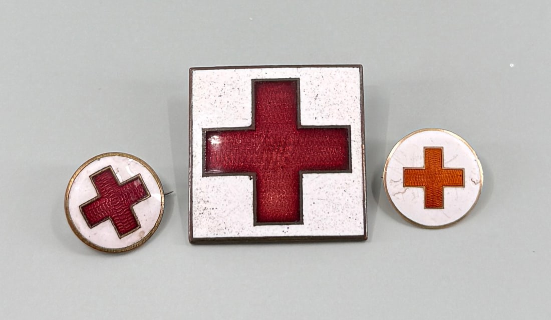 WWI WW1 British American Red Cross Enamel Pins: Largest is 1 1/8" by 1 1/8"