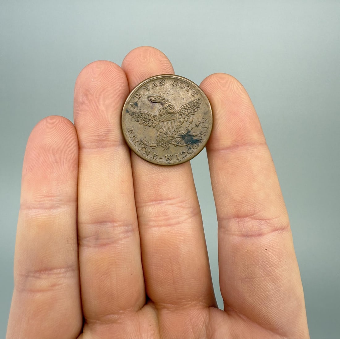 1850s Merchant Token A.B. Van Cott Wisconsin: Racine Wisconsin. Watches, Clocks, Jewelry & Fancy Goods.
