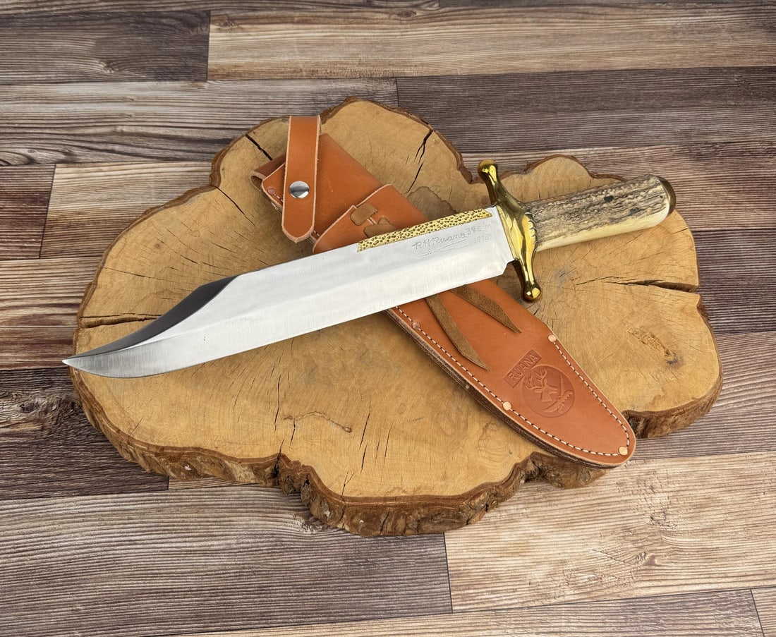 Rudy RH Ruana Bonner Montana 38C M Bowie Knife: Never used or Carried. Dated 1978 with Bullwhip Signature. 17 3/4" long.