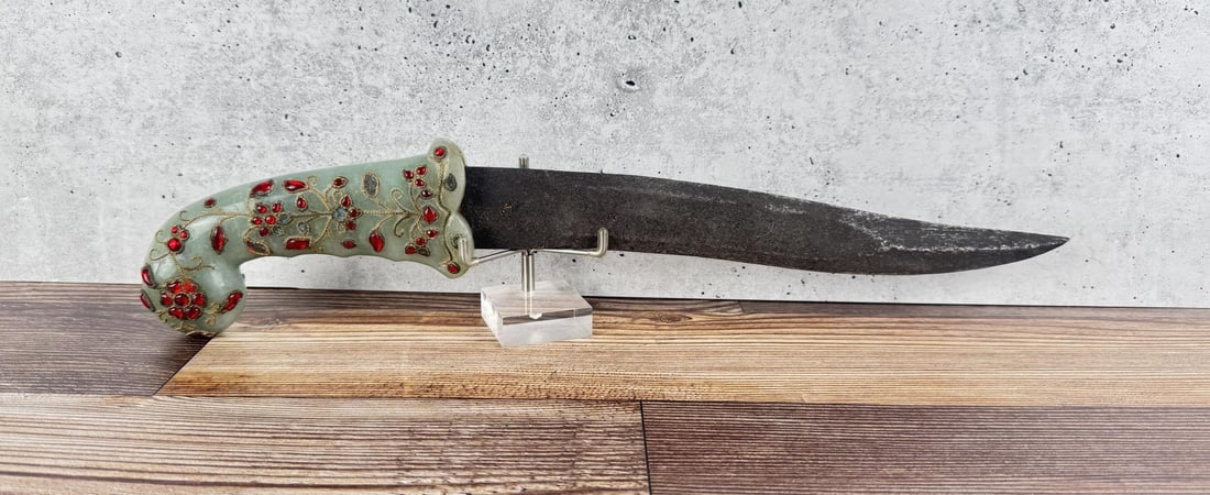 Antique Islamic Mughal Persian Jade Handle Dagger: Jewel overlay. Blade is very old, handle is loose. 16 1/8" long.