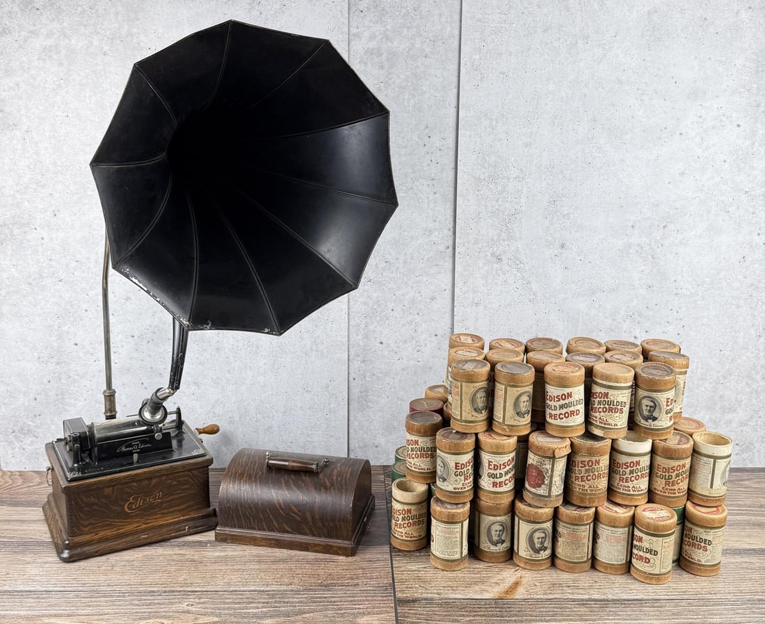Antique Edison Fireside Cylinder Phonograph: Very nice working example with numerous cylinder records.