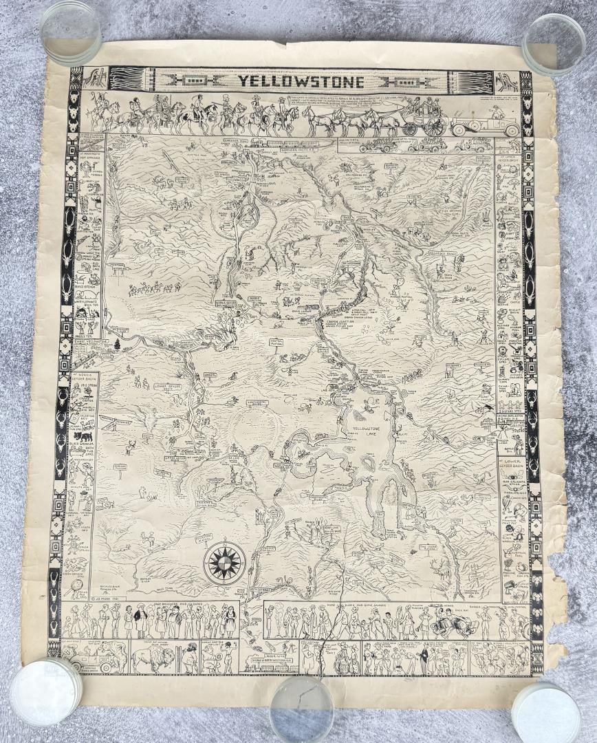 1935 Jo Mora Yellowstone Pictoral Map: Approximately 27 1/2"x 22". Condition as shown, see edges for tears. A pictorial map of Yellowstone National Park by Jo Mora, one of the most renown American mapmakers of this genre, which he referred