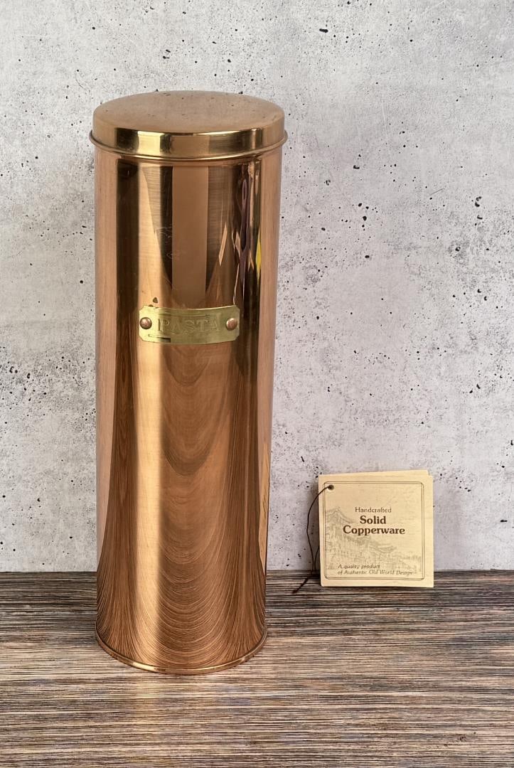 Copper and Brass Pasta Kitchen Canister: 11 1/4" tall.