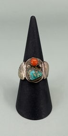 Navajo Sterling Silver Turquoise Coral Ring