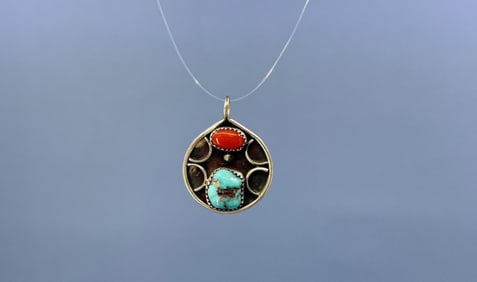 Navajo Sterling Silver Turquoise Coral Pendant
