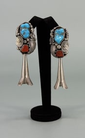 Navajo Sterling Silver Turquoise Coral Earrings