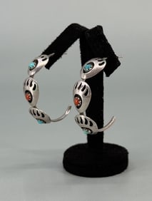 Navajo Sterling Turquoise Coral Bear Paw Earrings