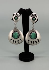 Navajo Sterling Malachite Bear Paw Earrings