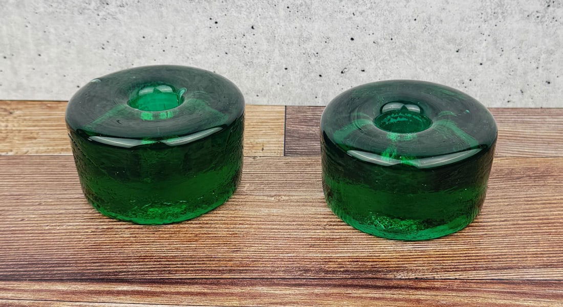 Blenko Art Glass Taper Candlesticks: Forest Green Color. 3 1/8" diameter, 1 3/4" tall.