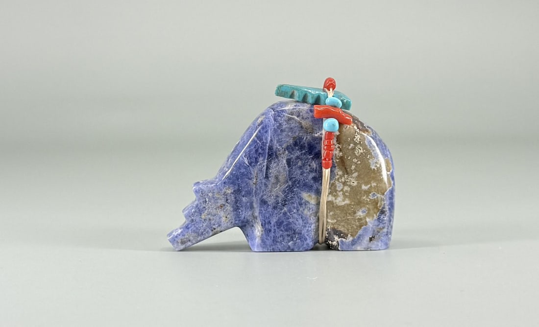 Carlton Laiwakete Zuni Carved Sodalite Bear Fetish: 2 1/8" by 1 1/2" by 3/4".