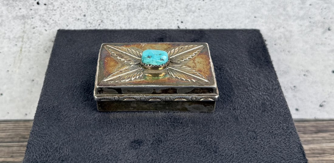Navajo Sterling Silver Turquoise Pill Box: 1 7/8" by 1 1/4" by 5/8". 22.97 grams.
