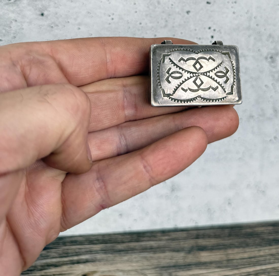 Navajo Sterling Silver Pill Box: 1 5/8" by 1 1/4" by 1/2". 24.6 grams.