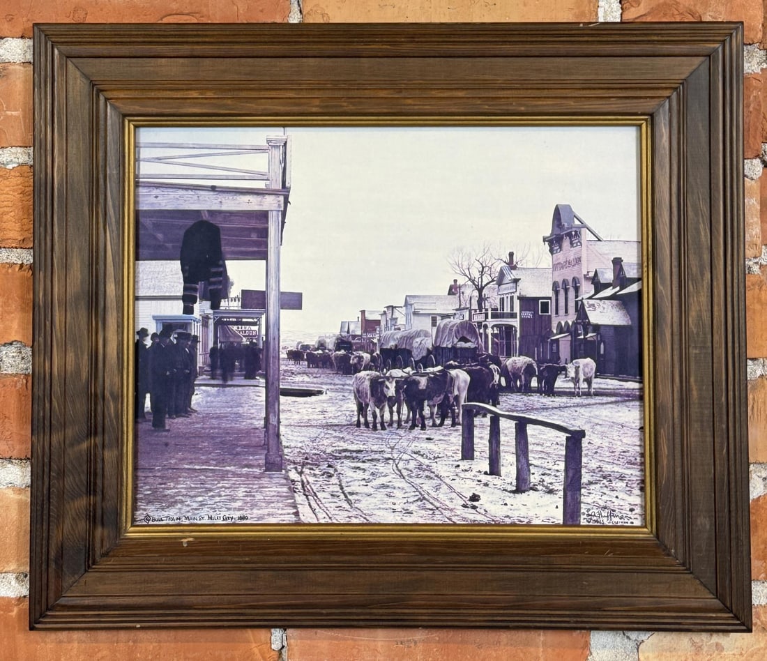 LA Huffman Montana Photo Bull Train: 16 1/4" by 19 1/8" framed. Coffrin studio.