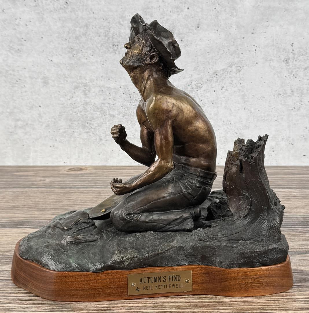 Neil Kettlewell Gold Miner Bronze: Title is Autumn's End. 11 3/8" by 10 1/2" by 7 3/4".