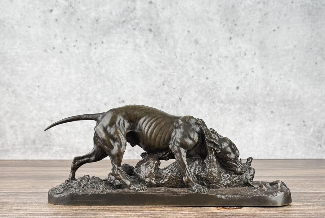 Pierre Jules Mene Chien Et Renard Bronze: Title is Chien Et Renard or Dog and Fox. 12 1/8" by 4 5/8" by 4 5/8". Pierre Jules (P.J.) Mene (1810 - 1879) was active/lived in France. Pierre Jules Mene is known for Realistic animal sculpture, dogs