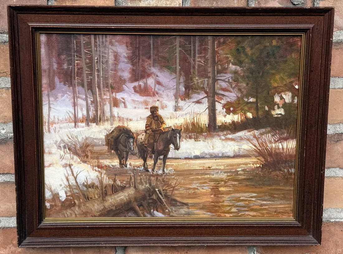 Joe Abbrescia Montana Oil on Canvas Painting: Title is Solitude. 14 3/4" by 19" framed. 12" by 16" unframed. Provenance: Private Montana Collection, Davis Brothers Auction, Scottsdale Art Auction. Joe Abbrescia (1936 - 2005) was active/lived in M