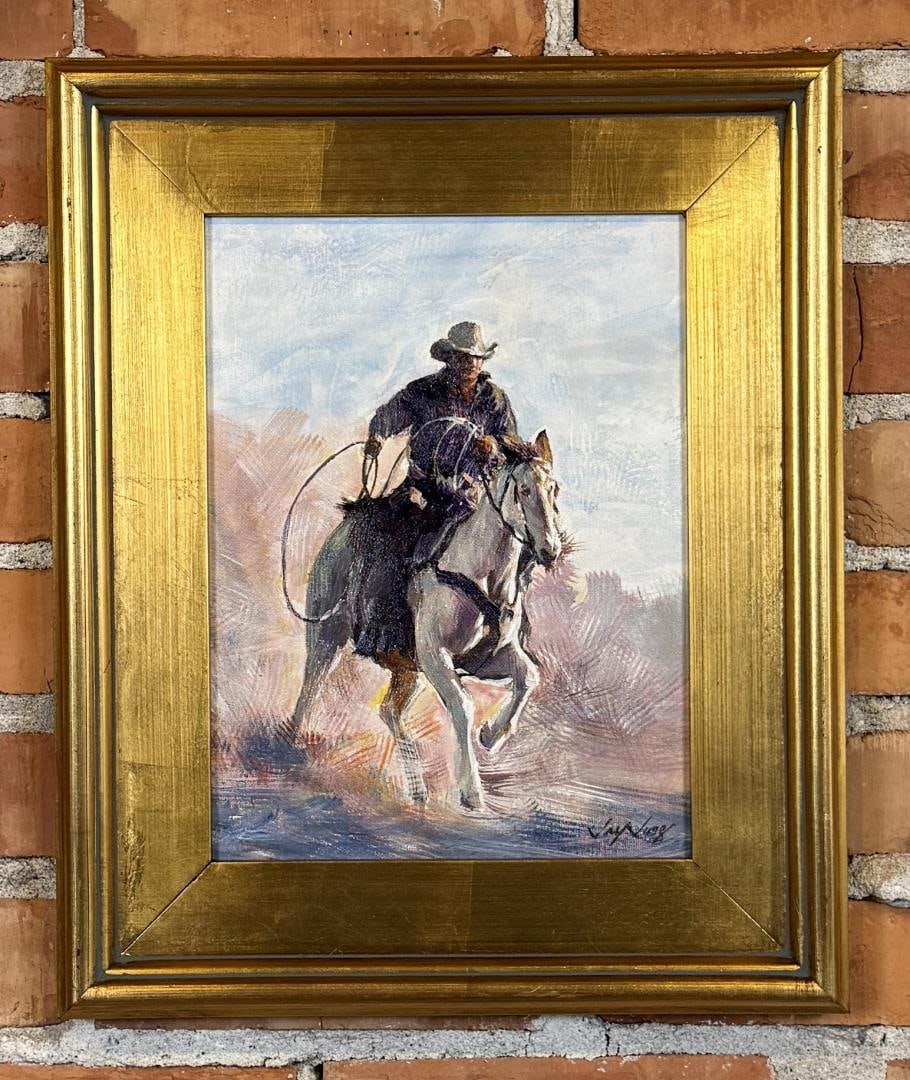 Jay Jung Roping Cowboy Oil Painting: Title is Roping Cowboy. 14" by 17" framed. Oil on Canvas. Jay Jung (Born 1955) is active/lives in New York. Jay Jung is known for painting. American Impressionist Artist Jay Jung - located in New York