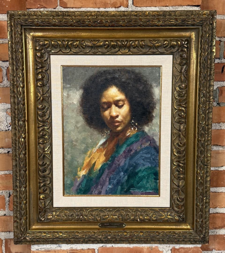 Ramon Kelley Nadine the Model Oil Painting: Title is Nadine the Model. 12" by 16" unframed, 24 1/2" by 28 1/2" framed. Ramon Kelley (Born 1939) is active/lives in Colorado, Wyoming. Ramon Kelley is known for Figure-nude, portrait, genre, views.
