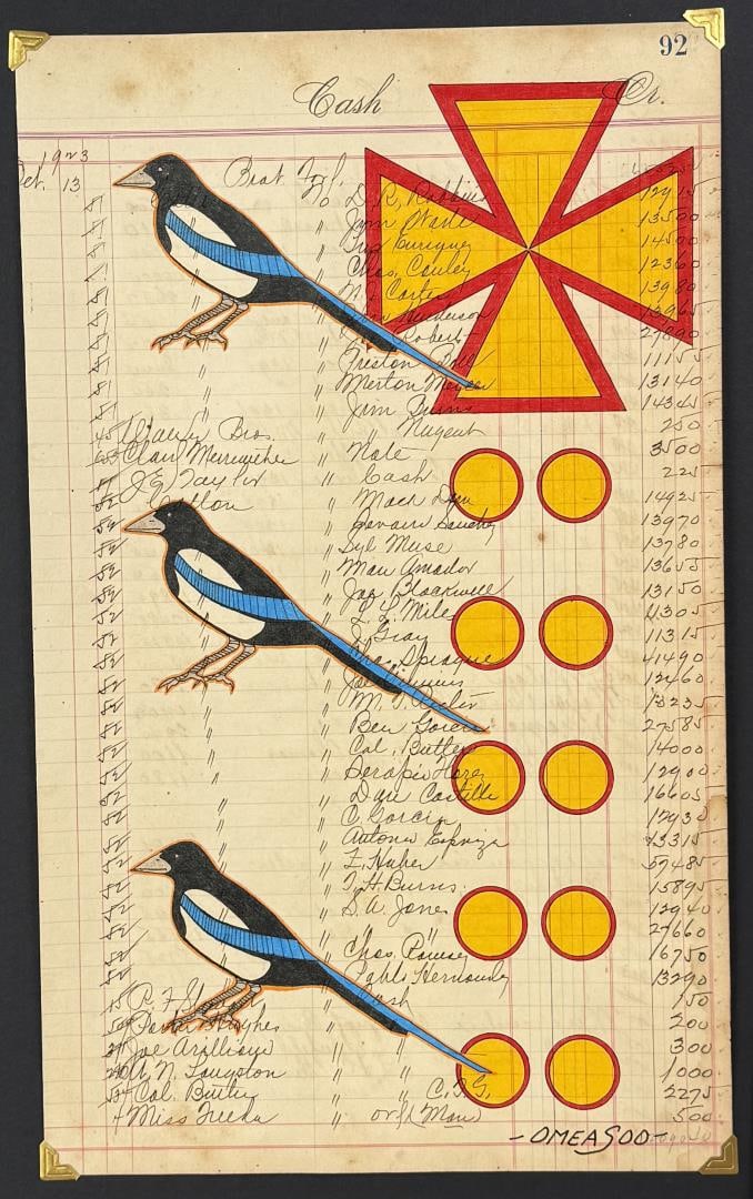 Lyle Omeasoo Blackfeet Montana Ledger Painting: Title is Three Magpies. 9 1/2" by 15 1/2" Lyle Omeasoo, was born on the Blackfeet Reservation in Montana. He is of the Blackfeet and Cree tribes. His children inspire him to paint and to be a good rol