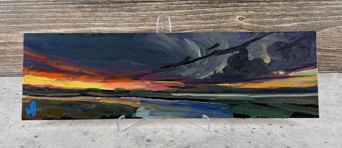 William Hawkins Arizona Oil on Board Painting: Title is Tucson Sunset. 6" by 20". Oil on Board. William Hawkins (Born 1962) is active/lives in Arizona. Wm. Hawkins is known for his colorful and stylized impressionist oil paintings. His work hangs