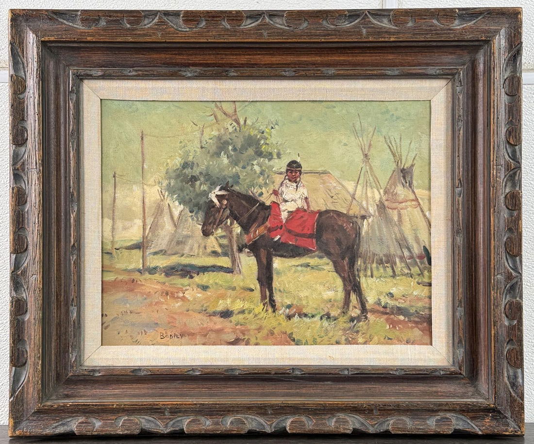 Sheryl Bodily Oil on Canvas Indian Painting: Title is Young Warrior. 12" by 16" unframed, 20" by 24" framed. Oil on Canvas Sheryl L. Bodily (Born 1936) is active/lives in Montana, Idaho. Sheryl Bodily is known for Western frontier scene painting