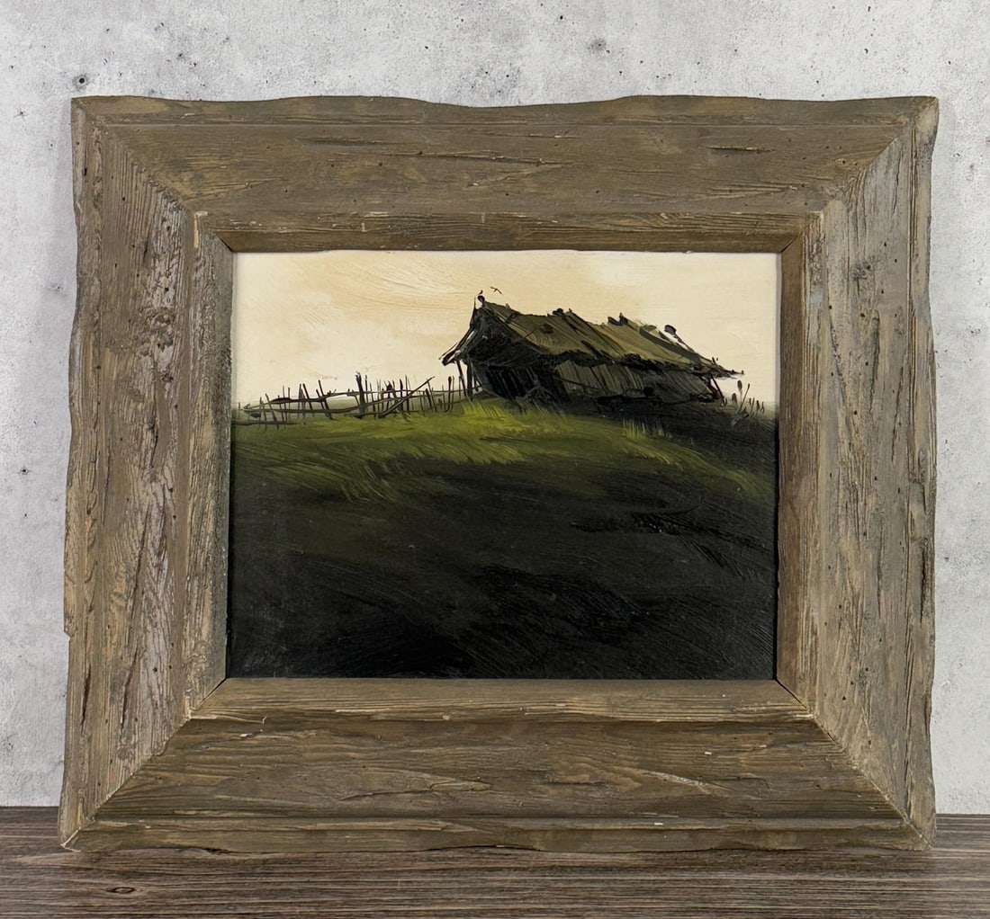 Harold Lyon Cowshed Oil on Board Painting: Title is Cowshed. 15 1/2" by 13 1/2" framed. Oil on Board. Harold Lloyd Lyon (1930 - 2020) was active/lived in Arizona, Ontario / Canada. Harold Lyon is known for Cowboy-frontier genre painting, illus