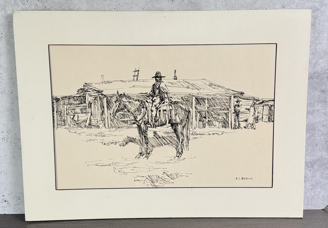 Sheryl Bodily Cowboy Pen and Ink Drawing: Title is Frontier Town. 16 1/2" by 22 1/2" in matte. Sheryl L. Bodily (Born 1936) is active/lives in Montana, Idaho. Sheryl Bodily is known for Western frontier scene painting, wildlife, horses. A wes