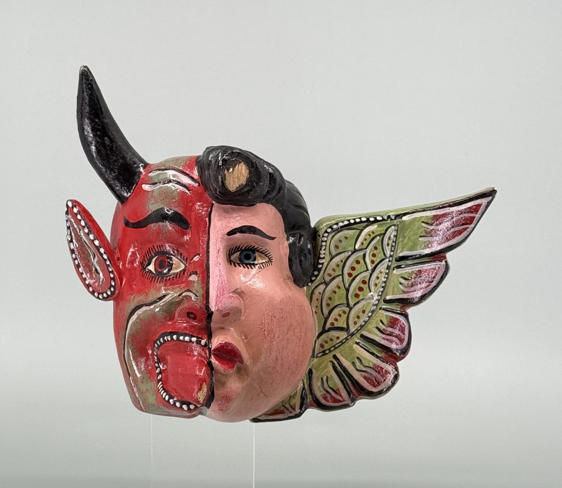 Antique Mexican Folk Art Angel Devil Mask: 8 1/4" long, 5 3/4" tall.