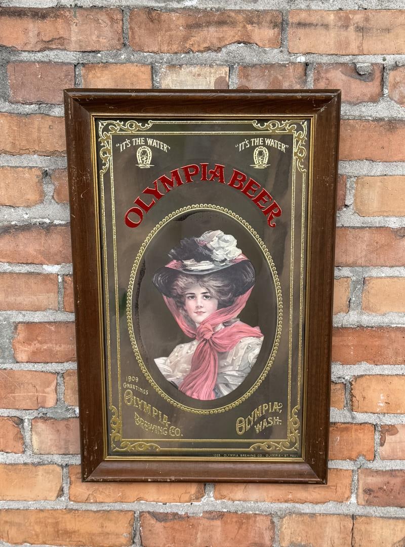 Olympia Brewing Beer Mirror Bar Sign: 14 1/2" by 22 5/8" framed.