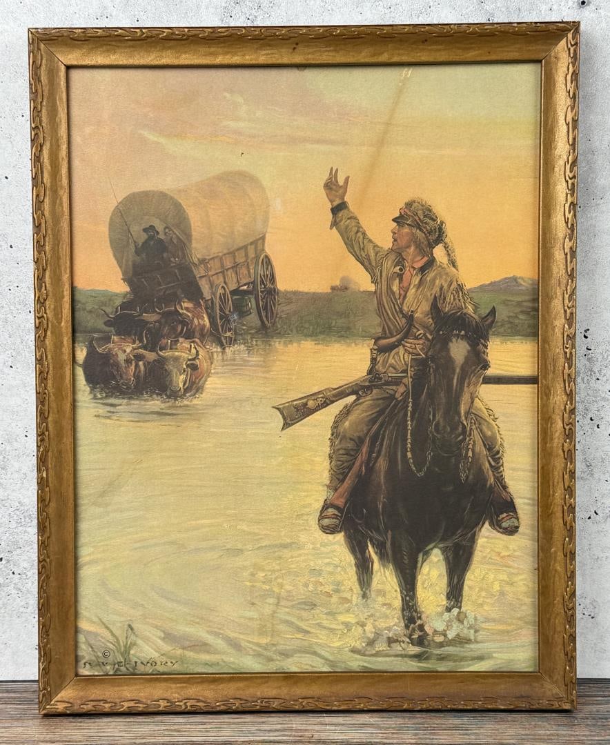 Percy Van Eman Ivory Cowboy Print: Title is Wagon Train and Scout. 11 3/4" by 14 7/8"