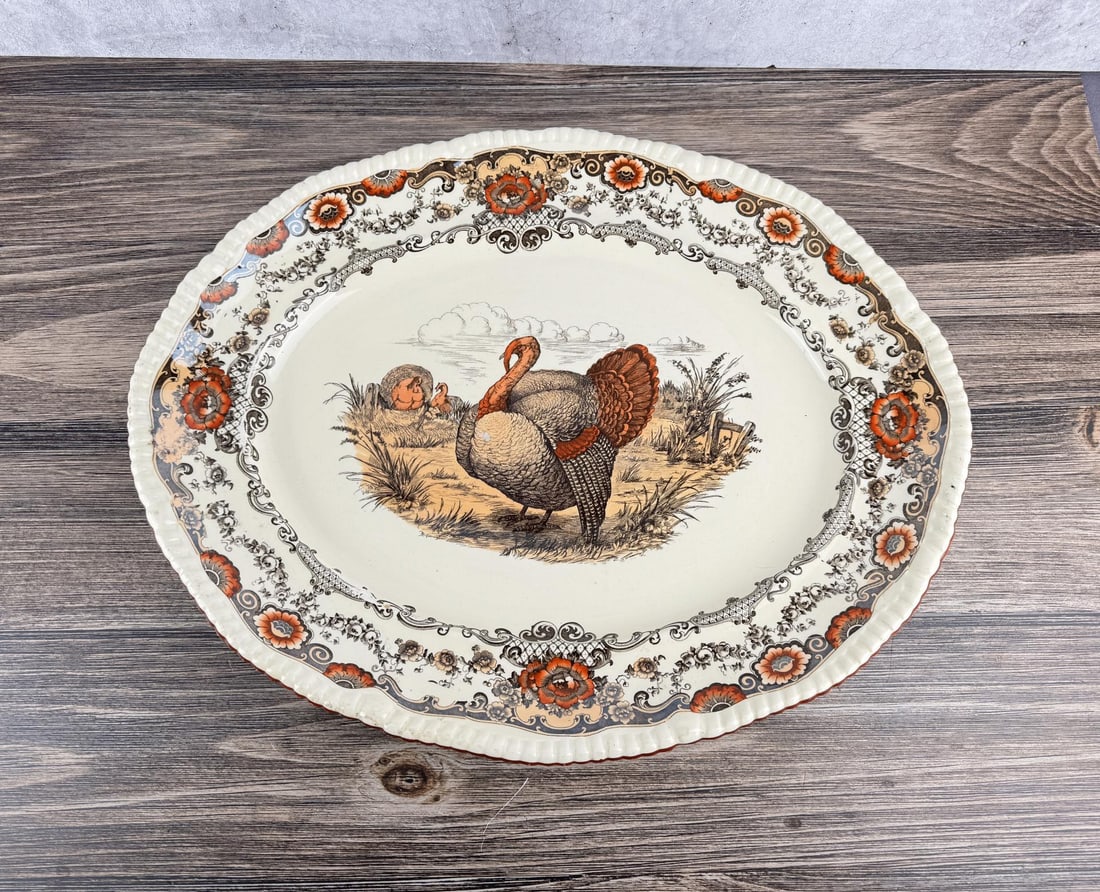 Lincoln Bistro Transferware Turkey Platter: 19" by 23". Cracked.