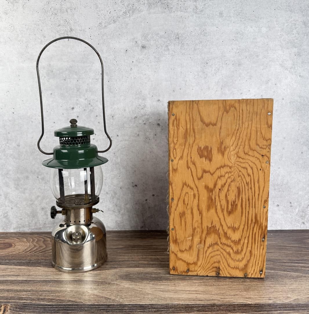 Coleman 242b Hiking Camping Lantern: Nice example, comes with wood storage box. Green sunshine globe.