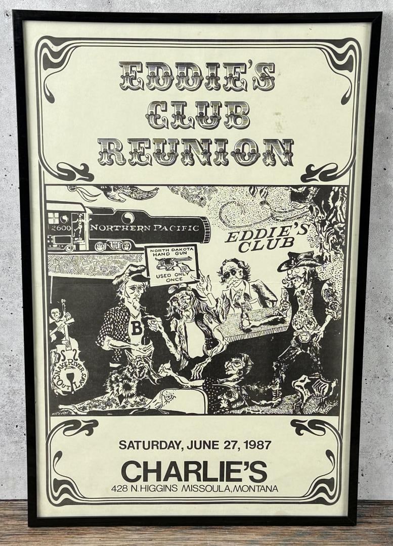 Jay Rummel Eddie's Club Reunion Missoula Poster: 11 3/8" by 17 1/2" framed. A Missoula artist, Rummel was known for his love of Native American and pioneer storytelling, the paintings of Charlie Russell, 1960's psychedelia, folk music and modern art
