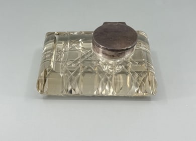 English Sterling Silver Cut Crystal Inkwell