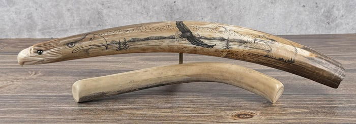 Alaska Scrimshaw Walrus Tusk on Antler Stand