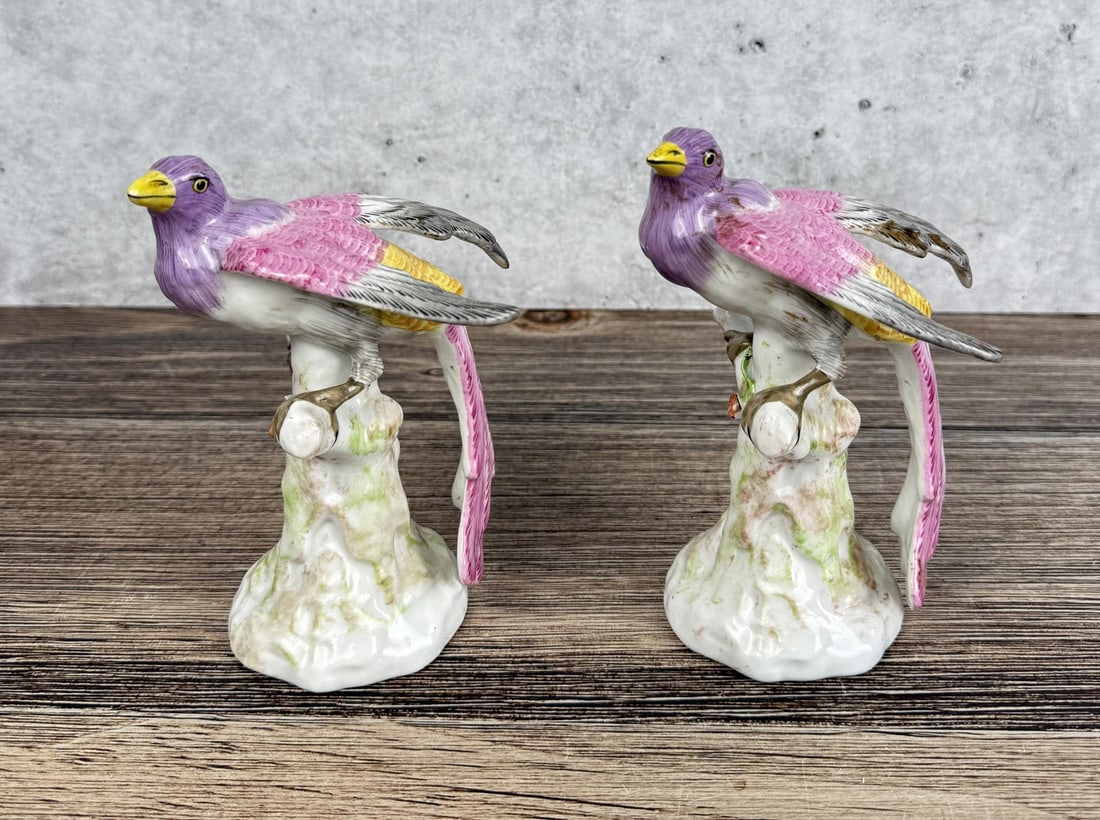 Pair Of Porcelain Bird of Paradise Figurines: Crossed arrow mark. 5 5/8" tall.