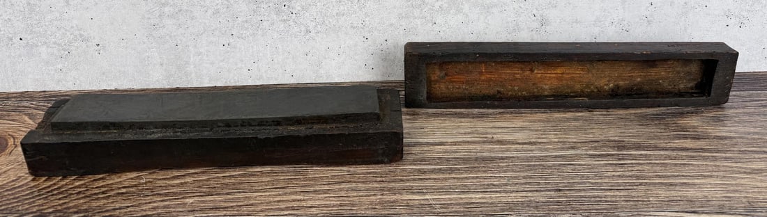 Antique Whetstone Sharpening Stone: 11 7/8" by 2 5/8" by 2 3/8" in case.