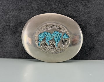 Zuni Chip Inlaid Bear Belt Buckle