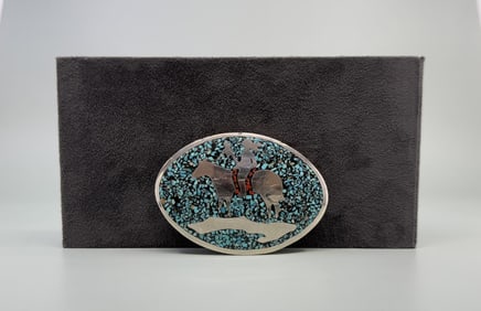 Zuni Chip Inlaid End of Trail Belt Buckle