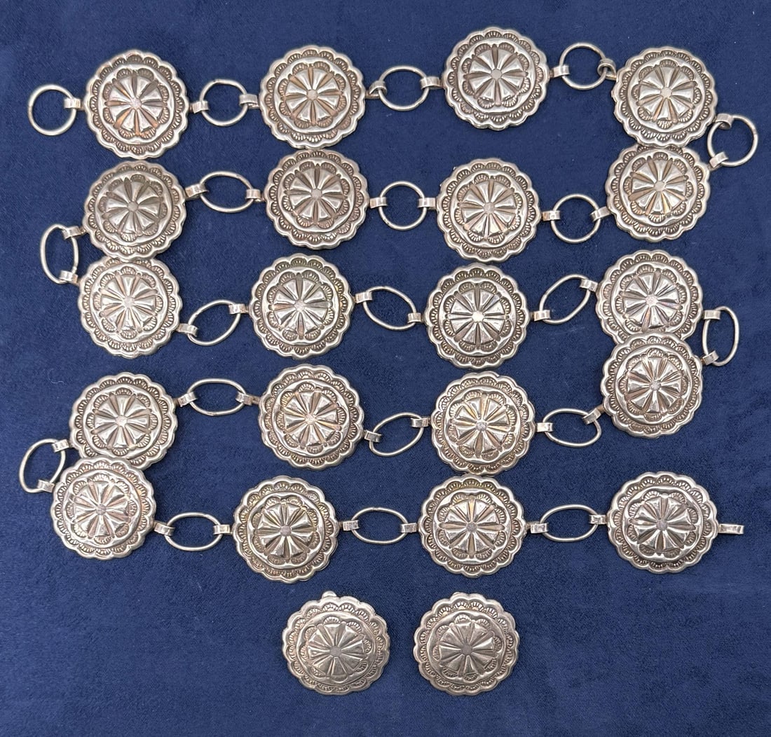 Navajo Sterling Silver Concho Belt & Earrings: Belt is 49" long. 161 grams.