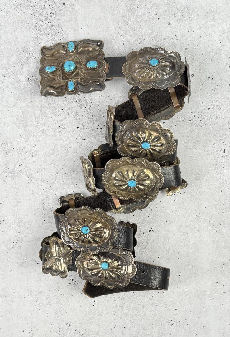 Navajo Sterling Silver Turquoise Concho Belt: 215 grams total weight with leather. 40 1/2" long with buckle.